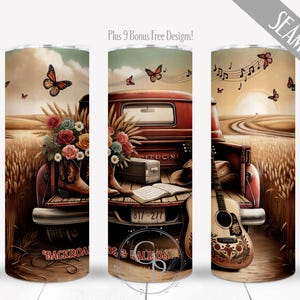 May include: A tumbler featuring a red vintage truck bed filled with flowers, cowboy boots, and a guitar. Butterflies and musical notes float in the sky above a wheat field. The text "Backroads & Ballads" is visible.