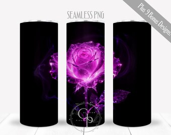 Pink Rose PNG For 20 oz Skinny Straight Tumbler, Dark Neon Floral Seamless Wrap, Illuminated Elegant Sublimation Design, Digital, Commercial