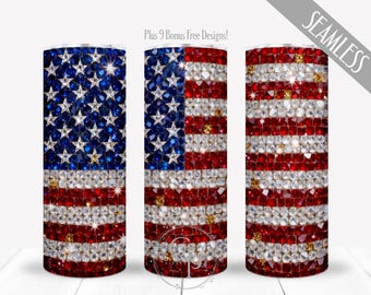 Sparkling USA Flag Crystals PNG For 20 oz Skinny Straight Tumbler, Gemstones Sublimation Wrap, Patriotic American Digital Design, Commercial