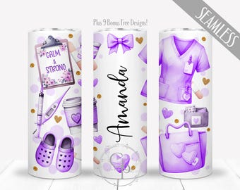 Gobelet d'allaitement nom personnalisé PNG pour sublimation maigre 20 oz, emballage de gobelet d'infirmière coquette violet, conception médicale personnalisée à télécharger