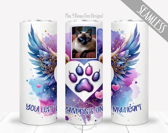 Envoltura fotográfica conmemorativa para gatos, diseño de sublimación "Dejaste huellas en mi corazón" para vasos rectos delgados de 20 oz, descarga digital PNG de pérdida de mascota