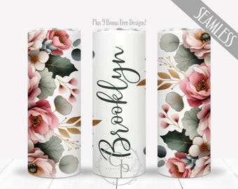 Envoltura floral en oro rosa para vaso PNG para sublimación de vaso delgado de 20 oz. Personaliza la plantilla, añade un nombre, sin costuras, descarga, uso comercial.