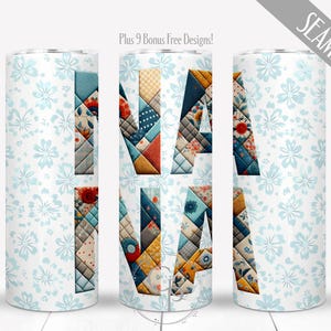 May include: A white tumbler with a floral pattern and the word "MAMA" in patchwork quilt design. The tumbler has a seamless design and the text "Plus 9 Bonus Free Designs!" is visible.