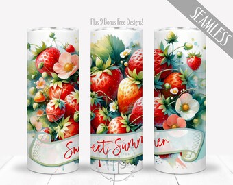 Strawberry PNG For 20 oz Skinny Straight Tumbler, Sweet Strawberries Sublimation, Watercolor Berries Wrap, Fruit Digital Design, Commercial