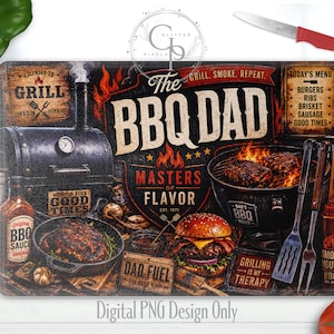 May include: A rectangular BBQ-themed design with the text "The BBQ Dad" and images of a grill, burgers, and BBQ tools. The design includes the text "Masters of Flavor" and "Grilling is my Therapy".