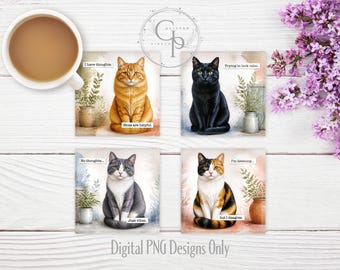 Sassy Cats Square Coaster Set PNGs | Orange Tabby, Black, Gray White, Calico | Funny Sublimation Designs, Digital Watercolors, Commercial