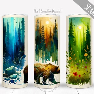 May include: Three tall, cylindrical tumblers with watercolor forest scenes. One features a blue forest, another a sunset over trees with a bear, and the third a green forest with flowers. The tumblers have a seamless design.