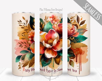 Southern Sweet Tea PNG, Magnolia Flowers Design For 20 oz Skinny Tumbler, Iced Tea Sublimation Wrap, Southern Quote, Digital, Commercial Use