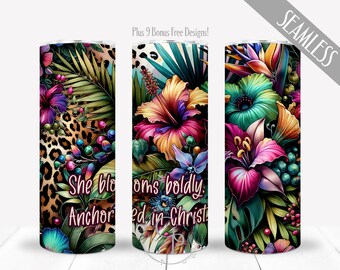 Christian Tumbler Wrap PNG, She Blooms Boldly Anchored In Christ For 20oz Skinny Sublimation, Tropical Watercolor Flowers, Leopard, Download
