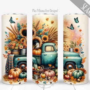 May include: A seamless tumbler design featuring a teal vintage truck filled with sunflowers, pumpkins, and fall foliage. The design includes an owl, butterflies, and the text "Plus 9 Bonus Free Designs!" on a cream background.