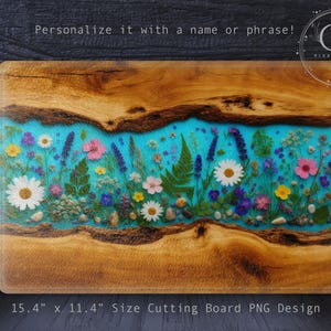 This faux resin and live edge wood design is sized for glass kitchen cutting board sublimation projects. Featuring colorful wildflowers and small river stones set in teal blue epoxy inside two pieces of live edge wood planks. A great design for anyone who enjoys floral kitchen decor. There's room to personalize it. Find coordinated drinkware sublimation designs in my shop! This is an instant download PNG only, created by Glitter Pixels Designs on Etsy. Ok for small business commercial use.