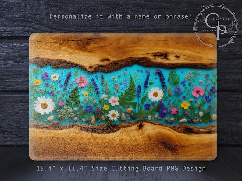 This faux resin and live edge wood design is sized for glass kitchen cutting board sublimation projects. Featuring colorful wildflowers and small river stones set in teal blue epoxy inside two pieces of live edge wood planks. A great design for anyone who enjoys floral kitchen decor. There's room to personalize it. Find coordinated drinkware sublimation designs in my shop! This is an instant download PNG only, created by Glitter Pixels Designs on Etsy. Ok for small business commercial use.