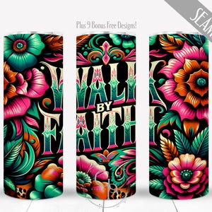 Inspirational Christian Bible Jesus 20oz Tumbler Seamless Wrap, Walk By Faith PNG, High-Quality PNG Digital Design for Spiritual Empowerment