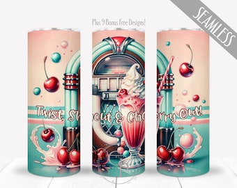 Retro Cherry PNG For 20 oz Skinny Straight Tumbler, 50s Theme Retro Diner Sublimation, Jukebox Wrap, Rockabilly Design, Digital, Commercial