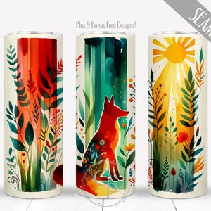 May include: Three seamless design tumblers with watercolor illustrations. One features a fox, another a sun, and the third a colorful floral design. The tumblers have a cream background with the text "Plus 9 Bonus Free Designs!" and "SEAMLESS".