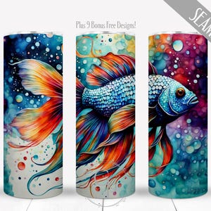 Tropical Betta Fish Tumbler Wrap, Watercolor Alcohol Ink Design, 20 oz Skinny Straight Sublimation PNG, Seamless Digital, Commercial Use