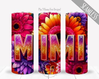 Glitter Mimi PNG-design för 20 oz smal rak tumbler sublimering, blommig mors dag uppskattningsomslag, digital, kommersiell användning