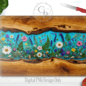 This faux resin and live edge wood design is sized for glass kitchen cutting board sublimation projects. Featuring colorful wildflowers and small river stones set in teal blue epoxy inside two pieces of live edge wood planks. A great design for anyone who enjoys floral kitchen decor. There's room to personalize it. Find coordinated drinkware sublimation designs in my shop! This is an instant download PNG only, created by Glitter Pixels Designs on Etsy. Ok for small business commercial use.