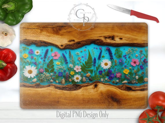 Wild Flowers Resin And Wood Glass Cutting Board Sublimation Design, Rustic Kitchen Art, Teal Blue Epoxy Water Floral Nature PNG, Digital