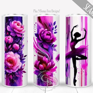 Ballerina Tumbler Wrap, Akvarell Balettlärare Digital PNG För 20oz Skinny Sublimation, Lila Flicka Danstävlingsdag, Kommersiellt Bruk