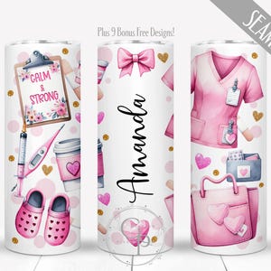 May include: A seamless tumbler design featuring medical-themed illustrations. The design includes a pink nurse's uniform, a clipboard with the text "Calm & Strong", and the name "Amanda". Pink hearts and gold accents complete the design.