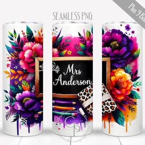 May include: A white tumbler featuring a vibrant floral design with pink, purple, and orange blooms. A chalkboard with "Mrs Anderson" is centered, along with pencils and a leopard print accent. The design is repeated across three tumblers.