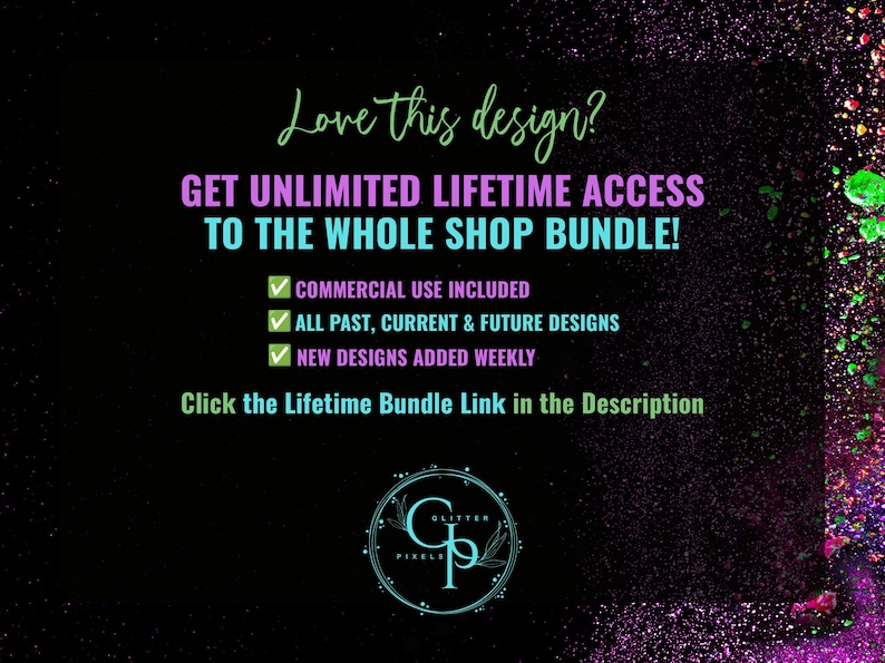 Love this design? Get unlimited lifetime access to the Whole Shop Sublimation Bundle, which is listed in my Etsy shop. Commercial use included. Access all past, current and future sublimation designs, including 20oz seamless tumbler designs, cutting board designs, 4-in-1 16oz can cooler designs, square coaster designs, and more! New designs added weekly. Visit the home page of my shop or click the link in the description of this listing for the full details of the Glitter Pixels Designs Bundle.