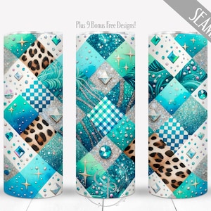 May include: Three seamless tumbler designs with a geometric pattern. The designs feature teal, turquoise, and silver diamond shapes with leopard print, gingham, and glitter accents. The tumblers have a white background and are decorated with gems and stars.