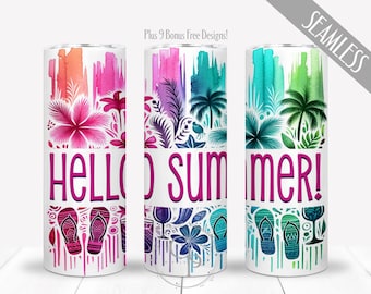 Hello Summer Beach Ocean PNG Design 20 oz Skinny Tumbler Sublimation Cute Graphics Instant Digital Download Summer Beach Life Commercial Use