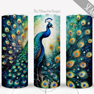 May include: A set of three seamless tumbler designs featuring a vibrant peacock illustration. The designs showcase the peacock's feathers in shades of blue, green, and yellow, with the text "Plus 9 Bonus Free Designs!" and "SEAMLESS".