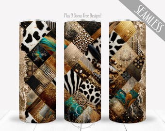 Gold Animal Print Tumbler PNG For 20 oz Skinny Straight Sublimation, Boho Cow Zebra Giraffe Print Design, Digital Ranch Wrap, Commercial