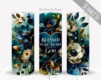 Pure In Heart PNG, Prayer Tumbler Wrap For 20oz Skinny Straight Sublimation, Teal Christian Faith Inspirational Jesus, Digital, Commercial