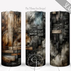 May include: Three seamless tumbler designs with a wood grain pattern in shades of brown, gray, and black. The designs feature a variety of wood textures and arrangements, with the text "Plus 9 Bonus Free Designs!" and "SEAMLESS" in the image.