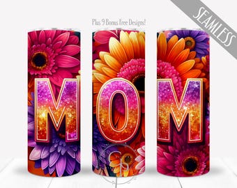 Glitter Mom PNG Design For 20oz Skinny Straight Tumbler Sublimation, Colorful Floral Mother's Day Appreciation Wrap, Digital, Commercial Use