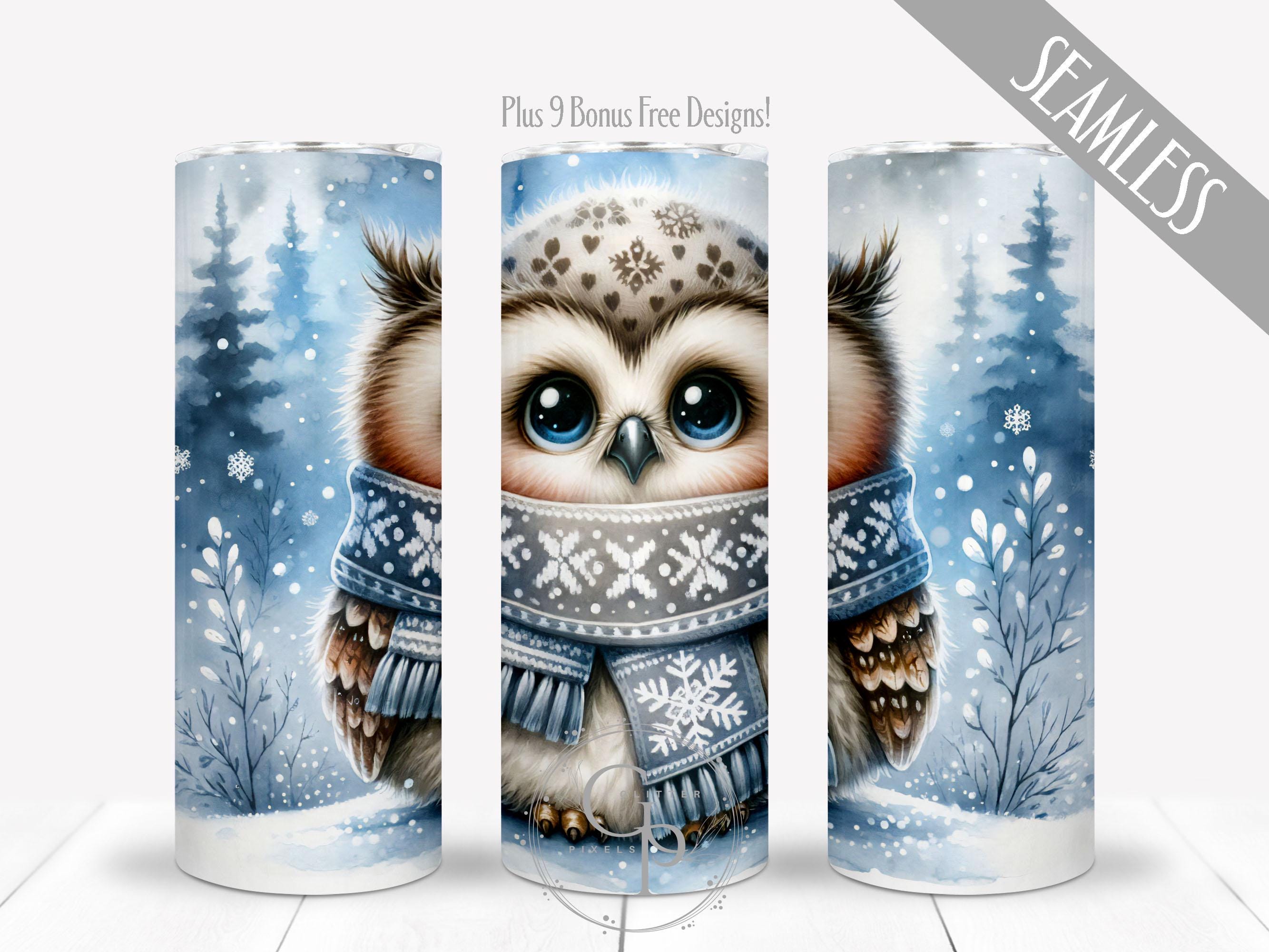 Winter Wise Owl Wrap For 20 oz Skinny Straight Tumbler Sublimation, Watercolor Snowy Forest Scene PN