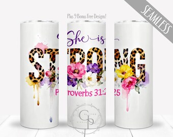 She Is Strong PNG, Proverbs 31 Woman Wrap, Christian Worship Leopard Print Design For 20 oz Skinny Straight Tumbler, Digital, Commercial Use