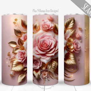 3D Pink Roses Floral Tumbler Wrap, 20 oz Skinny Tumbler Sublimation Design, Straight Gold Ribbon Design, Instant Download PNG Commercial Use