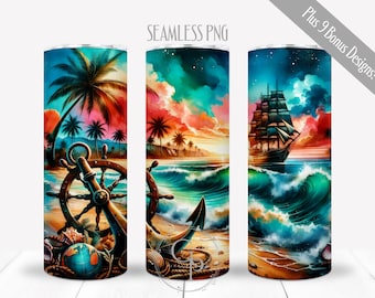Caribbean Cruise Ship PNG For 20 oz Skinny Straight Tumbler, Helm And Anchor Design, Ocean Sublimation, Sunset Beach Scene Wrap, Digital