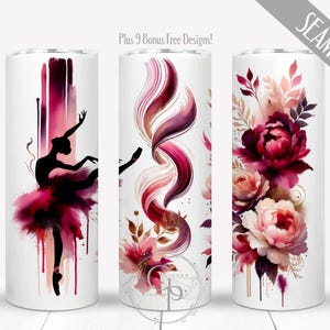 May include: Three white tumblers with watercolour designs. One features a ballerina silhouette in a pink tutu, another has abstract swirls, and the third showcases floral arrangements in shades of pink and burgundy. The text "Plus 9 Bonus Free Designs!" is visible.