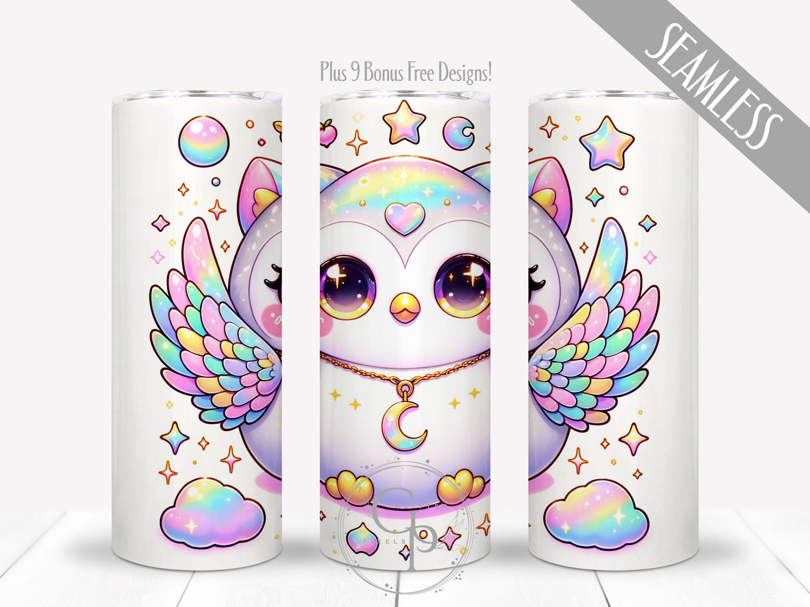 Kids Iridescent Owl PNG, Digital Sublimation Design For 20 oz Skinny Straight Tumbler, Kawaii Wrap, 