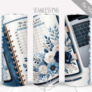May include: A white tumbler with a blue and gold design. The tumbler features a notebook theme with floral accents, a laptop, and the text "THE REA OF THE" and "L MVP OFFICE". The design includes check boxes and a grid.