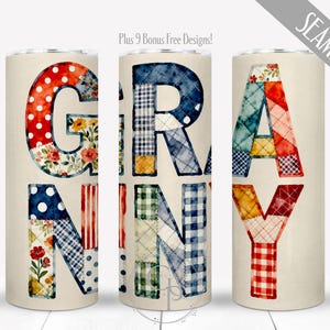 May include: Three seamless tumblers with the word "GRAY" in patchwork letters. The letters are filled with various patterns, including polka dots, floral prints, and plaid. The background is a neutral beige color.