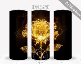 Gold Rose PNG For 20 oz Skinny Straight Tumbler, Dark Neon Floral Seamless Wrap, Illuminated Elegant Sublimation Design, Digital, Commercial