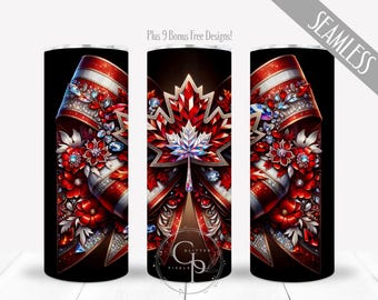 PNG del Día de Canadá para vaso recto delgado de 20 oz, sublimación de hoja de arce canadiense con flores rojas, envoltura coqueta con joyas, digital, uso comercial