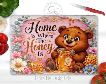 Honey Bear Glass Cutting Board Sublimation Design, Rustic Honey Jar Kitchen Art,  Cute Teddy Bear, Farmhouse PNG, Digital, Commercial Use