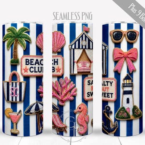 Könnte beinhalten: Becher-Design mit blau-weiß gestreiftem Hintergrund. Verzierungen sind eine Palme, ein Beach Club-Schild, eine Muschel, eine Strandhütte, eine Sonnenbrille, eine Schleife, ein Leuchtturm, ein Anker und mehr. Der Text "SEAMLESS PNG" steht oben.