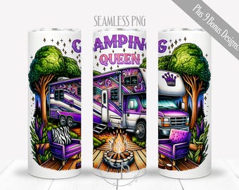 Camping Queen PNG For 20 oz Skinny Straight Tumbler, RV Traveling Tourism Sublimation, Camper Design, Outdoors Lover, Mom, Mama, Digital
