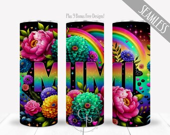 Mimi Glitter PNG Design For 20 oz Skinny Straight Tumbler Sublimation, Rainbow Neon Grand Mother Appreciation Wrap, Digital, Commercial Use