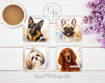 Sassy Dogs Square Coaster Set PNGs | Shepherd, Bulldog, Shih Tzu, Irish Setter | Funny Sublimation Designs, Digital Watercolors, Commercial