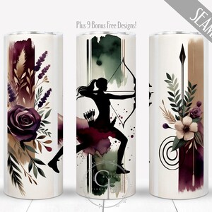 May include: A white tumbler with a seamless design featuring an archer silhouette, floral accents, and a watercolor effect. The design includes a bow and arrow, flowers, and botanical elements in shades of burgundy, brown, and green.